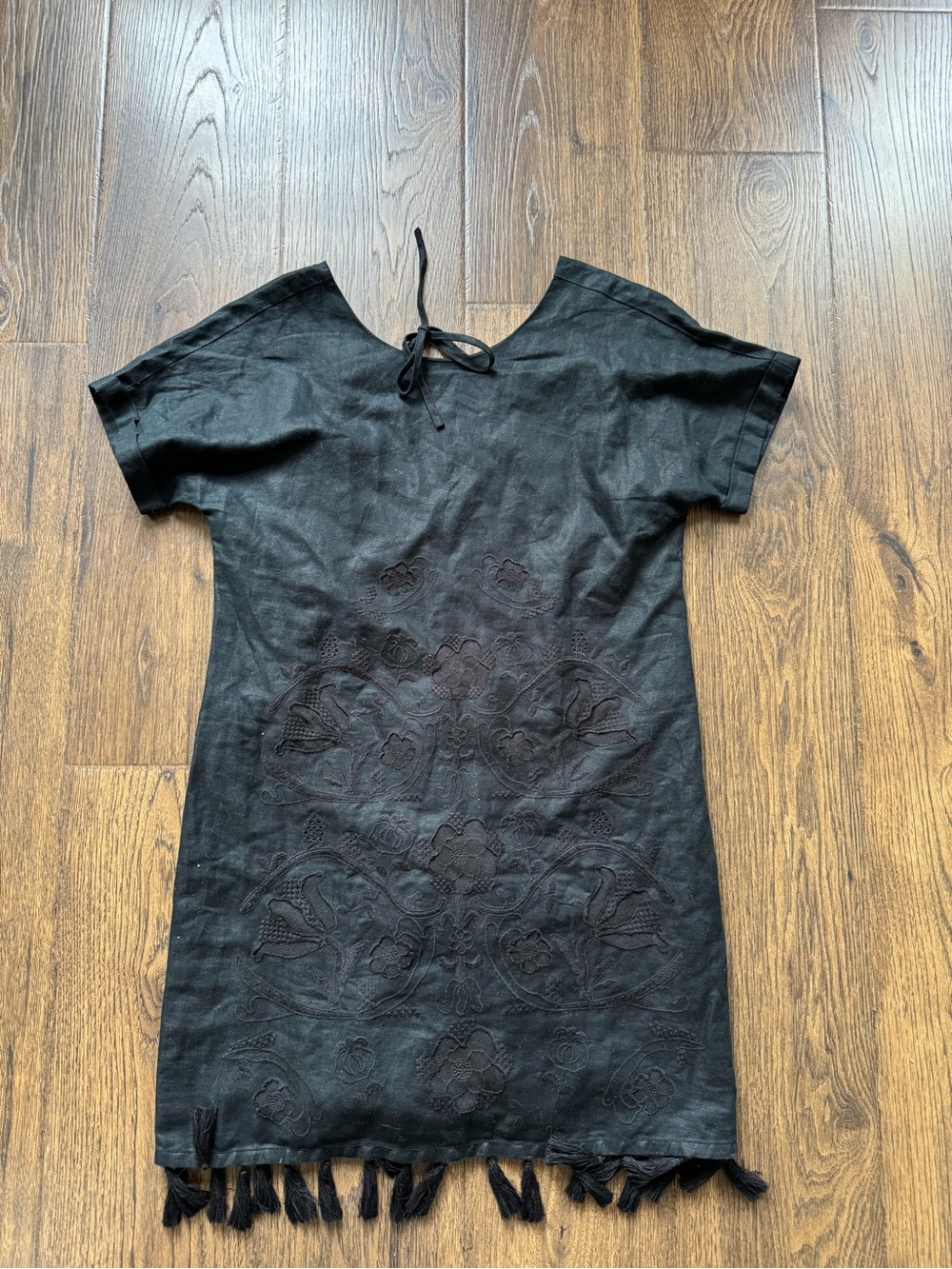 Madewell Black Embroidered Short-Sleeve Linen Dress with Fringe